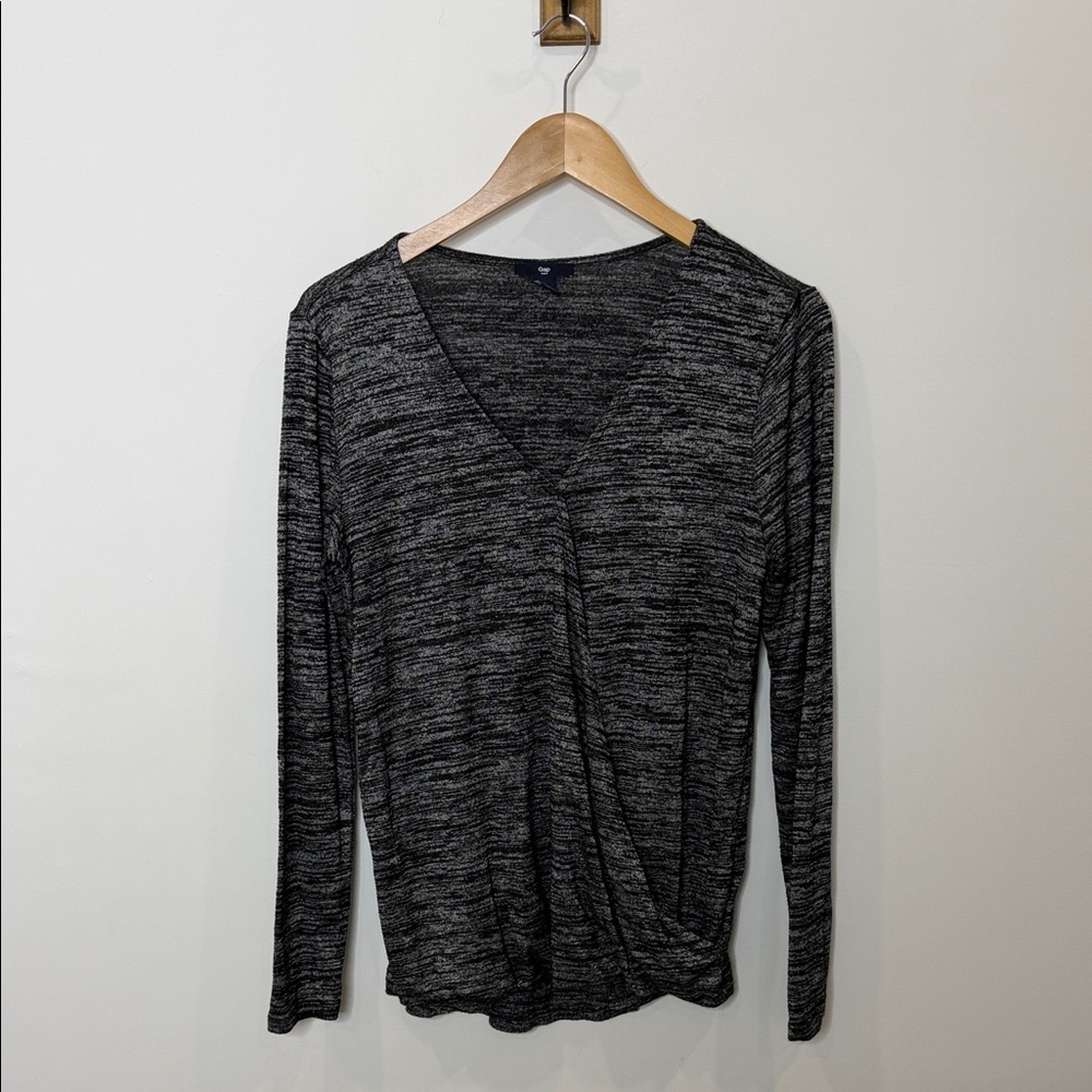 GAP Women’s Heathered Black Wrap Top – Long Sleeve – Medium – Viscose Blend